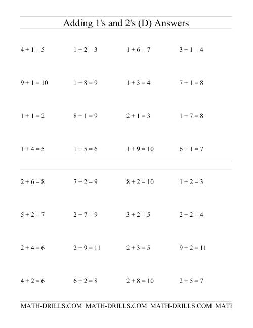 The Single Digit Addition -- Adding Ones and Twos (D) Math Worksheet Page 2