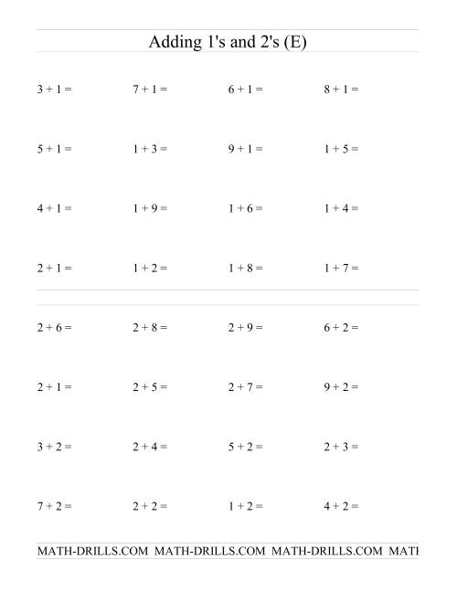 The Single Digit Addition -- Adding Ones and Twos (E) Math Worksheet