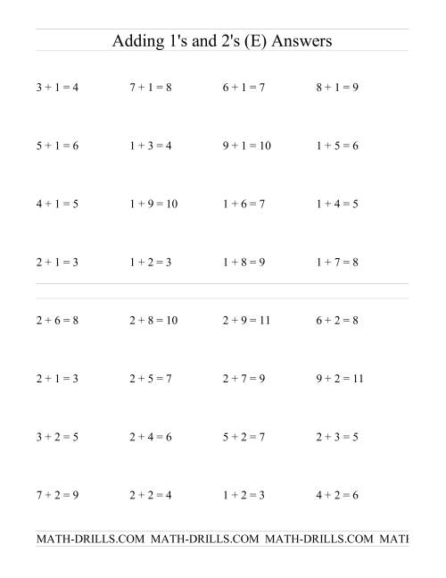 The Single Digit Addition -- Adding Ones and Twos (E) Math Worksheet Page 2