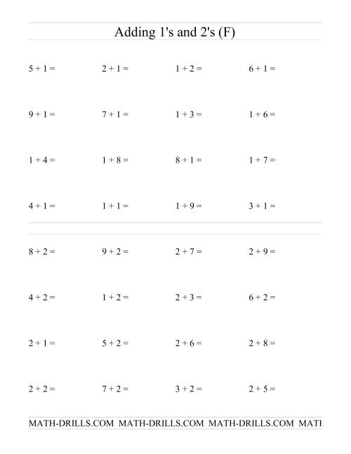 The Single Digit Addition -- Adding Ones and Twos (F) Math Worksheet
