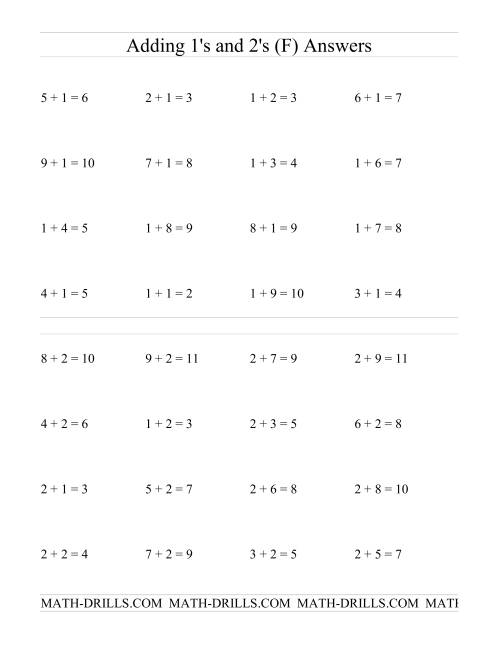 The Single Digit Addition -- Adding Ones and Twos (F) Math Worksheet Page 2