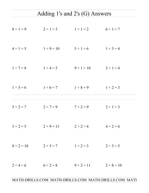The Single Digit Addition -- Adding Ones and Twos (G) Math Worksheet Page 2