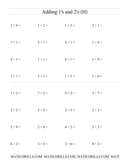 The Single Digit Addition -- Adding Ones and Twos (H) Math Worksheet