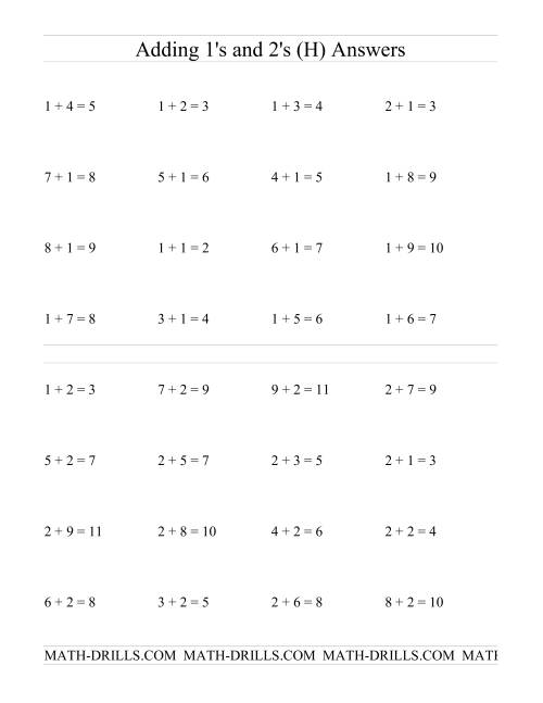 The Single Digit Addition -- Adding Ones and Twos (H) Math Worksheet Page 2