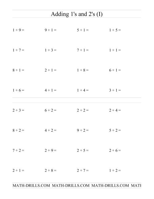 The Single Digit Addition -- Adding Ones and Twos (I) Math Worksheet