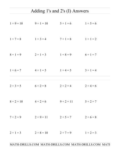 The Single Digit Addition -- Adding Ones and Twos (I) Math Worksheet Page 2
