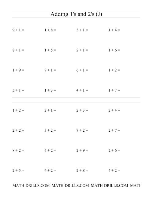 The Single Digit Addition -- Adding Ones and Twos (J) Math Worksheet