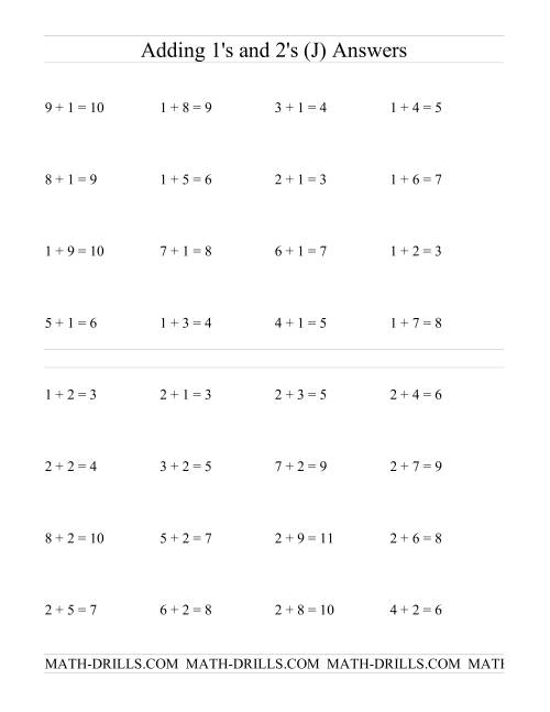 The Single Digit Addition -- Adding Ones and Twos (J) Math Worksheet Page 2
