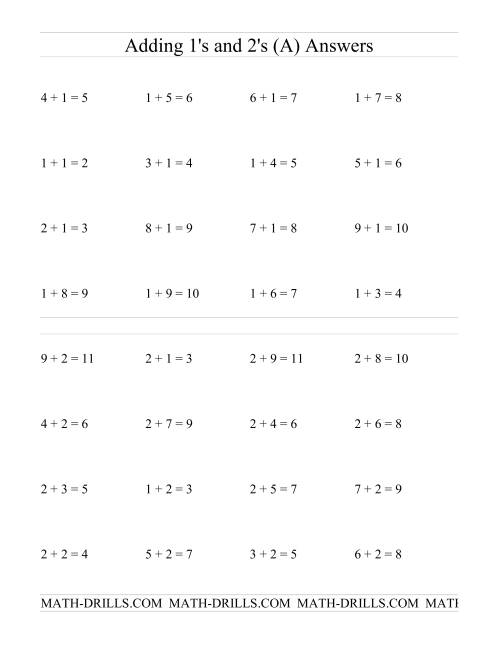 The Single Digit Addition -- Adding Ones and Twos (All) Math Worksheet Page 2