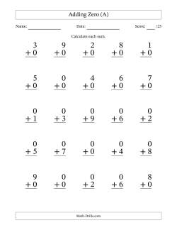 Adding Zero to Single-Digit Numbers – 25 Large Print Questions