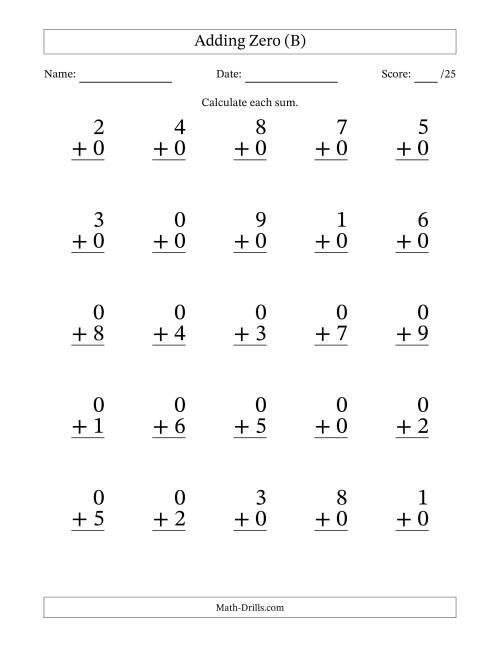 The Adding Zero to Single-Digit Numbers – 25 Large Print Questions (B) Math Worksheet