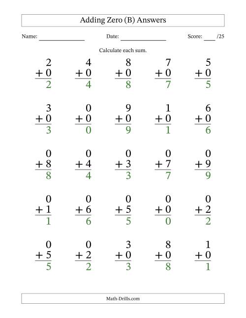 The Adding Zero to Single-Digit Numbers – 25 Large Print Questions (B) Math Worksheet Page 2
