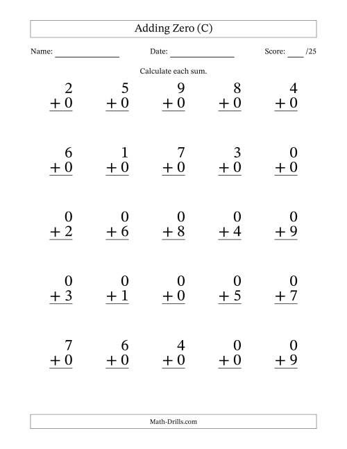 The Adding Zero to Single-Digit Numbers – 25 Large Print Questions (C) Math Worksheet