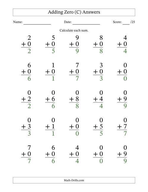 The Adding Zero to Single-Digit Numbers – 25 Large Print Questions (C) Math Worksheet Page 2
