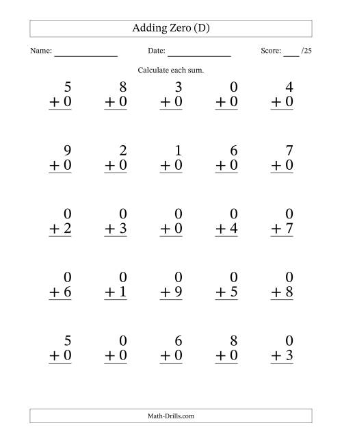 The Adding Zero to Single-Digit Numbers – 25 Large Print Questions (D) Math Worksheet