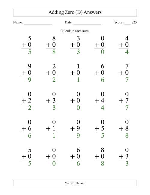 The Adding Zero to Single-Digit Numbers – 25 Large Print Questions (D) Math Worksheet Page 2