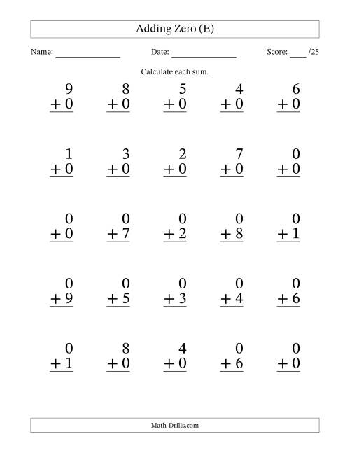 The Adding Zero to Single-Digit Numbers – 25 Large Print Questions (E) Math Worksheet