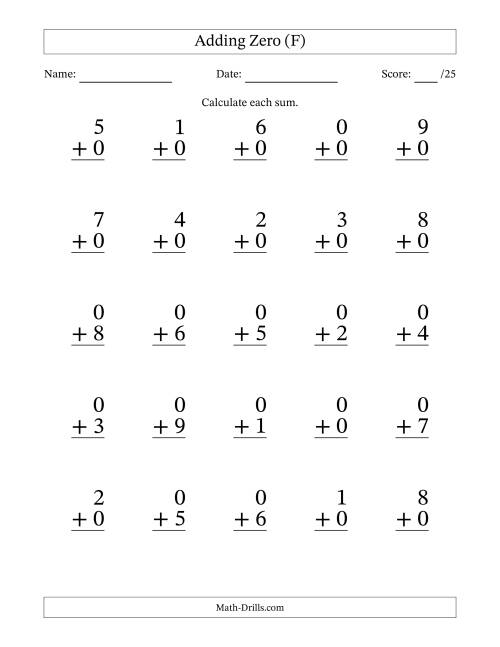 The Adding Zero to Single-Digit Numbers – 25 Large Print Questions (F) Math Worksheet
