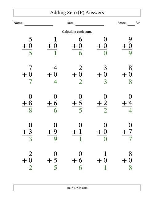 The Adding Zero to Single-Digit Numbers – 25 Large Print Questions (F) Math Worksheet Page 2