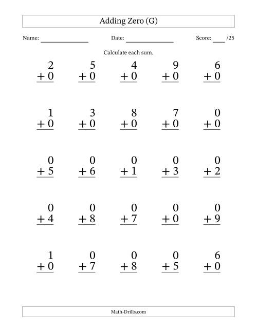 The Adding Zero to Single-Digit Numbers – 25 Large Print Questions (G) Math Worksheet