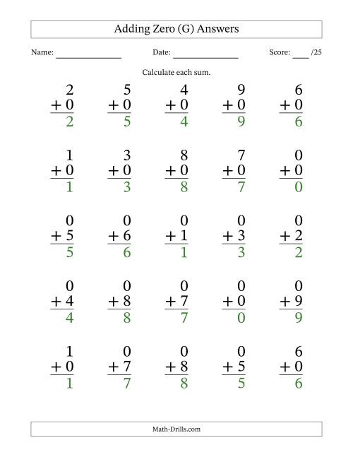 The Adding Zero to Single-Digit Numbers – 25 Large Print Questions (G) Math Worksheet Page 2