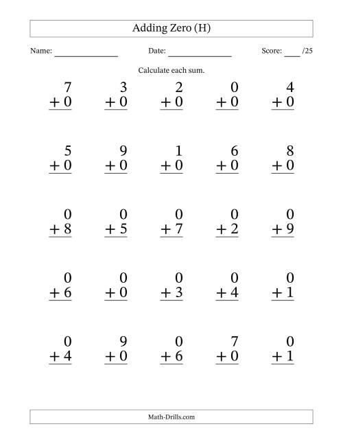 The Adding Zero to Single-Digit Numbers – 25 Large Print Questions (H) Math Worksheet
