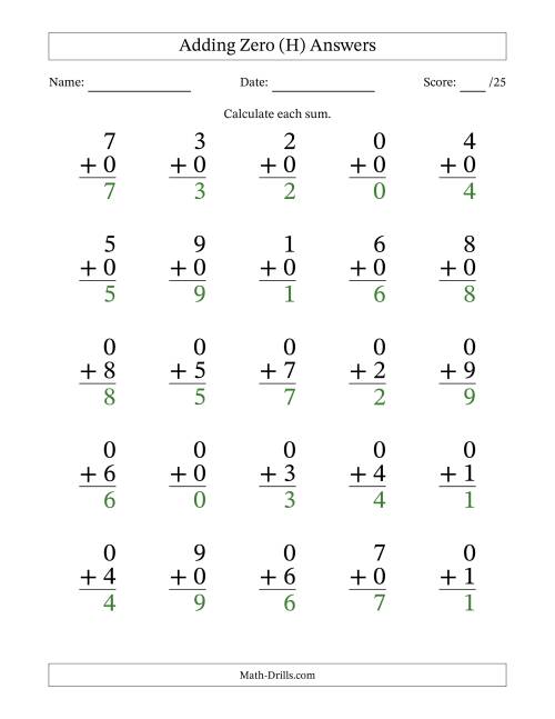 The Adding Zero to Single-Digit Numbers – 25 Large Print Questions (H) Math Worksheet Page 2