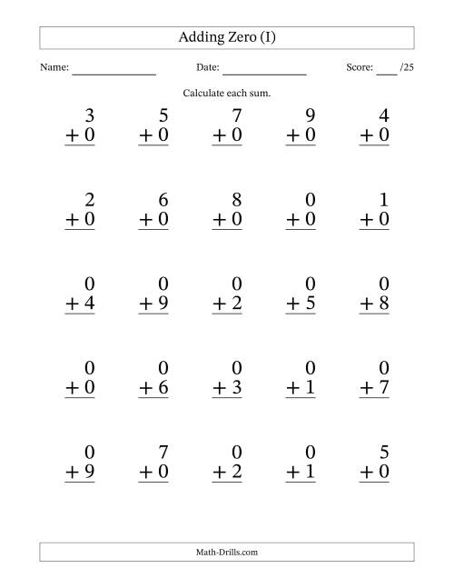 The Adding Zero to Single-Digit Numbers – 25 Large Print Questions (I) Math Worksheet