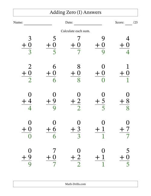 The Adding Zero to Single-Digit Numbers – 25 Large Print Questions (I) Math Worksheet Page 2