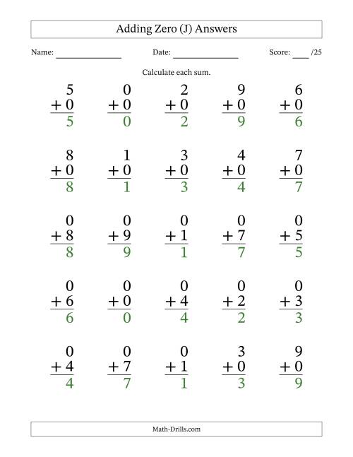 The Adding Zero to Single-Digit Numbers – 25 Large Print Questions (J) Math Worksheet Page 2