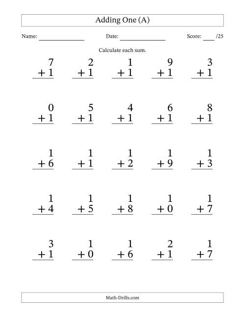 The Adding One to Single-Digit Numbers – 25 Large Print Questions (A) Math Worksheet