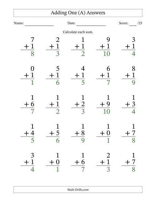 The Adding One to Single-Digit Numbers – 25 Large Print Questions (A) Math Worksheet Page 2