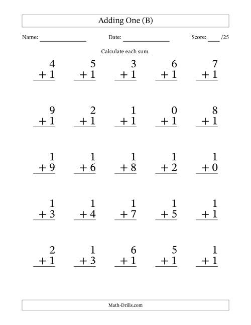 The Adding One to Single-Digit Numbers – 25 Large Print Questions (B) Math Worksheet