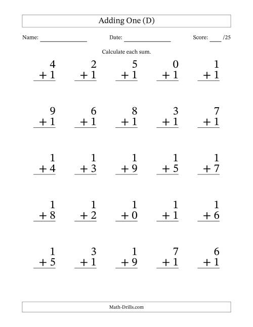 The Adding One to Single-Digit Numbers – 25 Large Print Questions (D) Math Worksheet