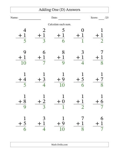 The Adding One to Single-Digit Numbers – 25 Large Print Questions (D) Math Worksheet Page 2