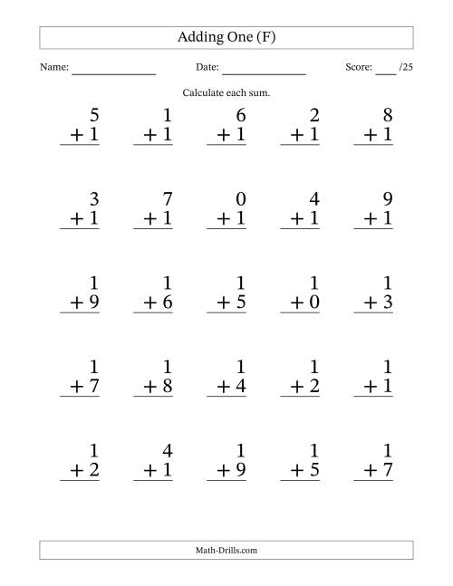 The Adding One to Single-Digit Numbers – 25 Large Print Questions (F) Math Worksheet