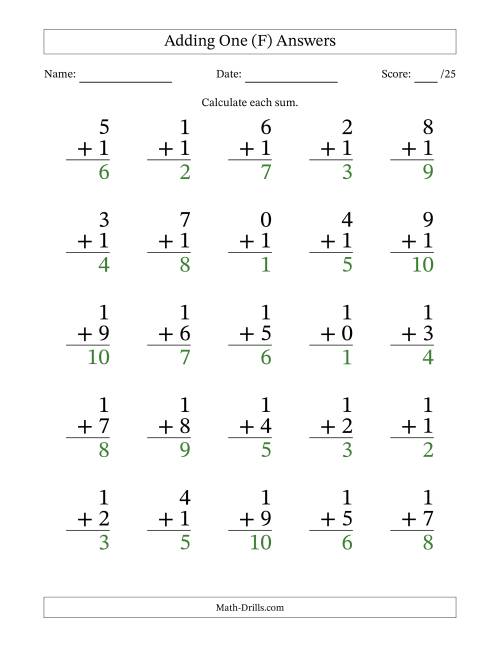 The Adding One to Single-Digit Numbers – 25 Large Print Questions (F) Math Worksheet Page 2