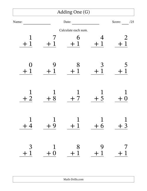 The Adding One to Single-Digit Numbers – 25 Large Print Questions (G) Math Worksheet