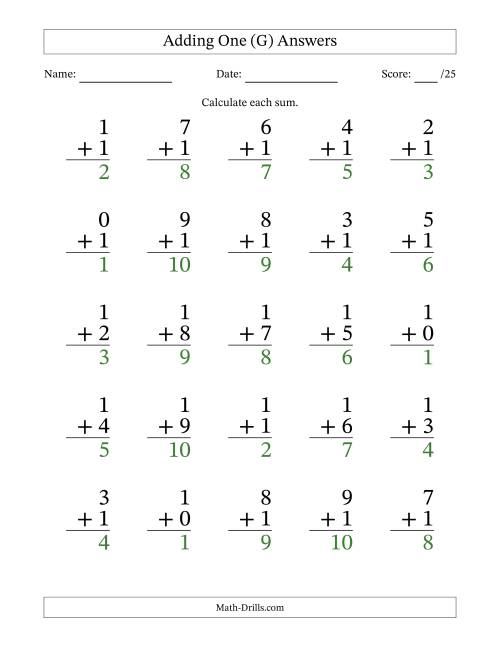 The Adding One to Single-Digit Numbers – 25 Large Print Questions (G) Math Worksheet Page 2