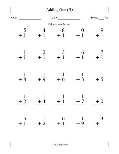 The Adding One to Single-Digit Numbers – 25 Large Print Questions (H) Math Worksheet