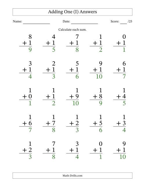The Adding One to Single-Digit Numbers – 25 Large Print Questions (I) Math Worksheet Page 2