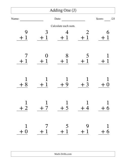 The Adding One to Single-Digit Numbers – 25 Large Print Questions (J) Math Worksheet