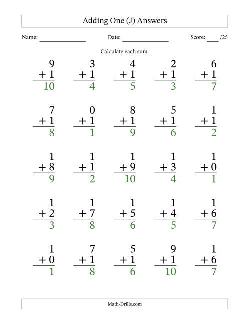 The Adding One to Single-Digit Numbers – 25 Large Print Questions (J) Math Worksheet Page 2