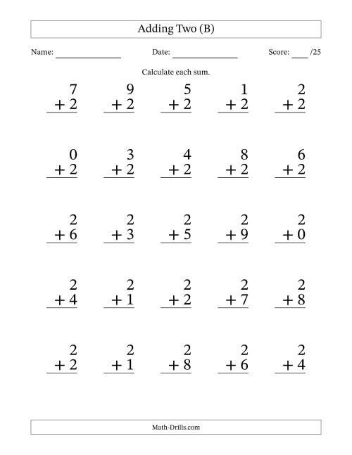 The Adding Two to Single-Digit Numbers – 25 Large Print Questions (B) Math Worksheet