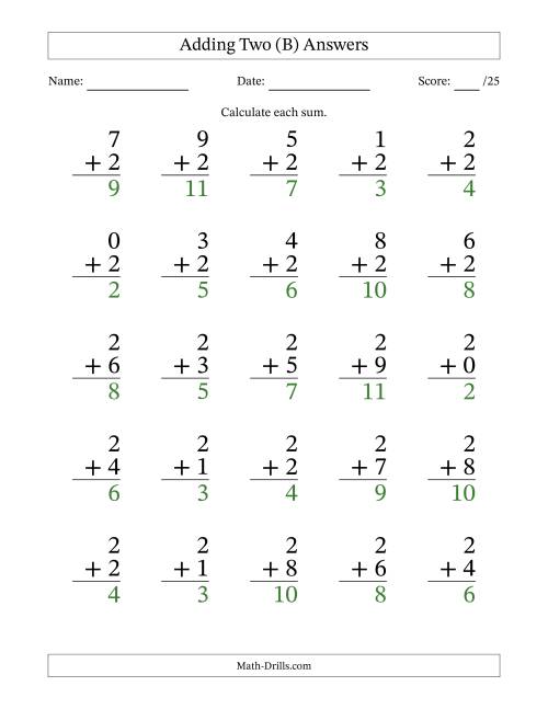 The Adding Two to Single-Digit Numbers – 25 Large Print Questions (B) Math Worksheet Page 2