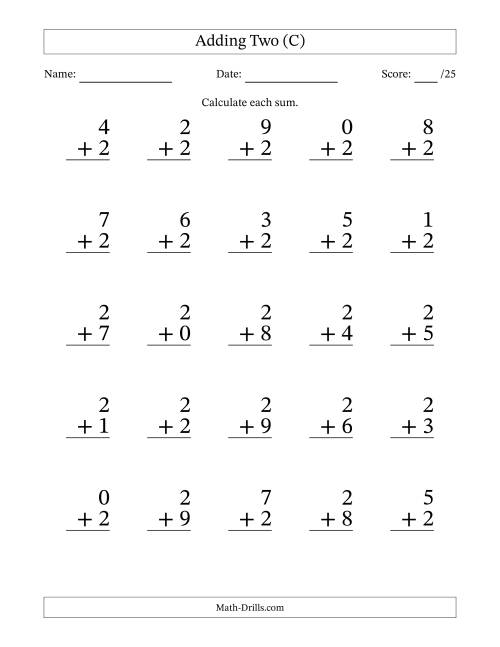 The Adding Two to Single-Digit Numbers – 25 Large Print Questions (C) Math Worksheet