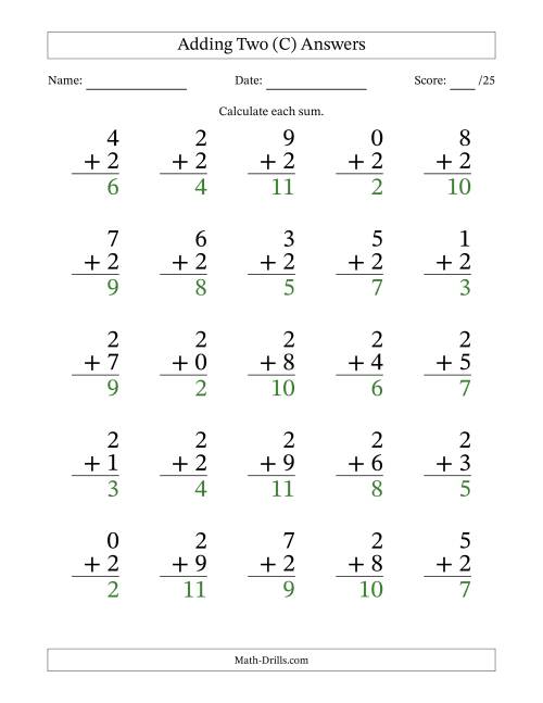 The Adding Two to Single-Digit Numbers – 25 Large Print Questions (C) Math Worksheet Page 2