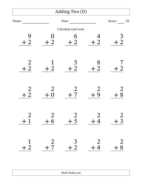 The Adding Two to Single-Digit Numbers – 25 Large Print Questions (D) Math Worksheet