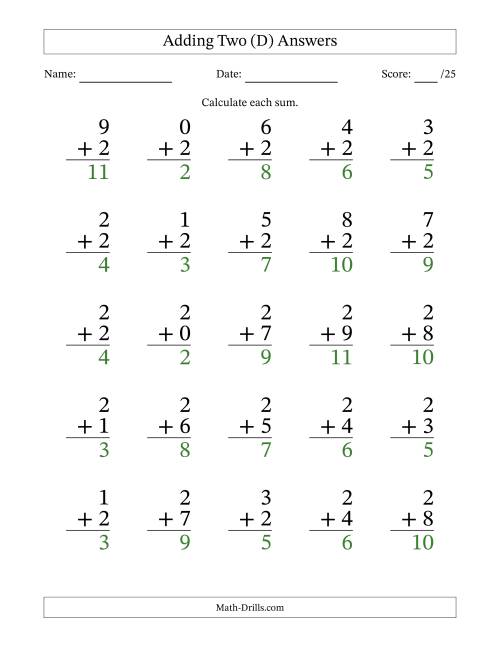 The Adding Two to Single-Digit Numbers – 25 Large Print Questions (D) Math Worksheet Page 2