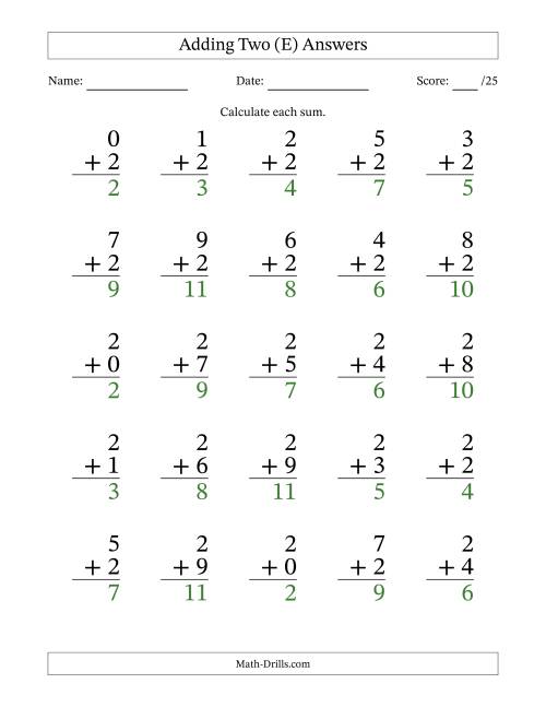 The Adding Two to Single-Digit Numbers – 25 Large Print Questions (E) Math Worksheet Page 2